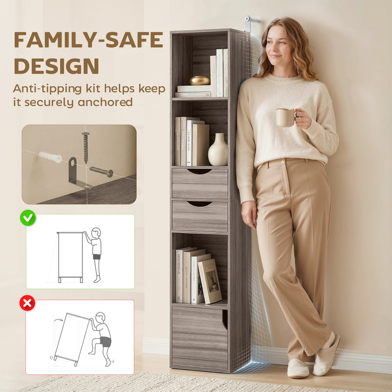 Slim Corner Bookcase with Shelves Drawers and Cabinet for Small Spaces Grey AOSOM