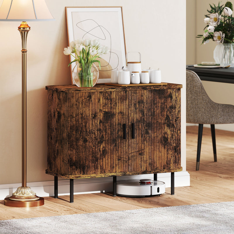 Mid Century Sideboard Storage Cabinet With Sliding Doors And Steel Legs For Kitchen, Rustic Brown
