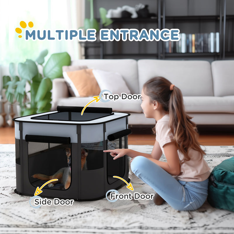 Foldable Dog Playpen with Ground Stakes and Storage Bag for Indoor and Outdoor Use Grey