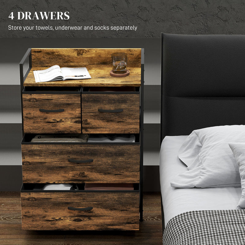 Industrial Chest of 4 Fabric Storage Drawers with Wooden Frame for Bedroom or Hallway Rustic Brown