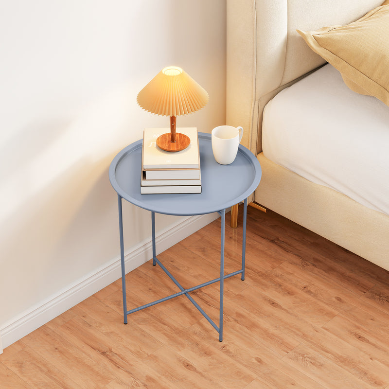 Folding Steel Garden Side Table with Removable Tray Top for Indoor or Outdoor Use Blue Grey