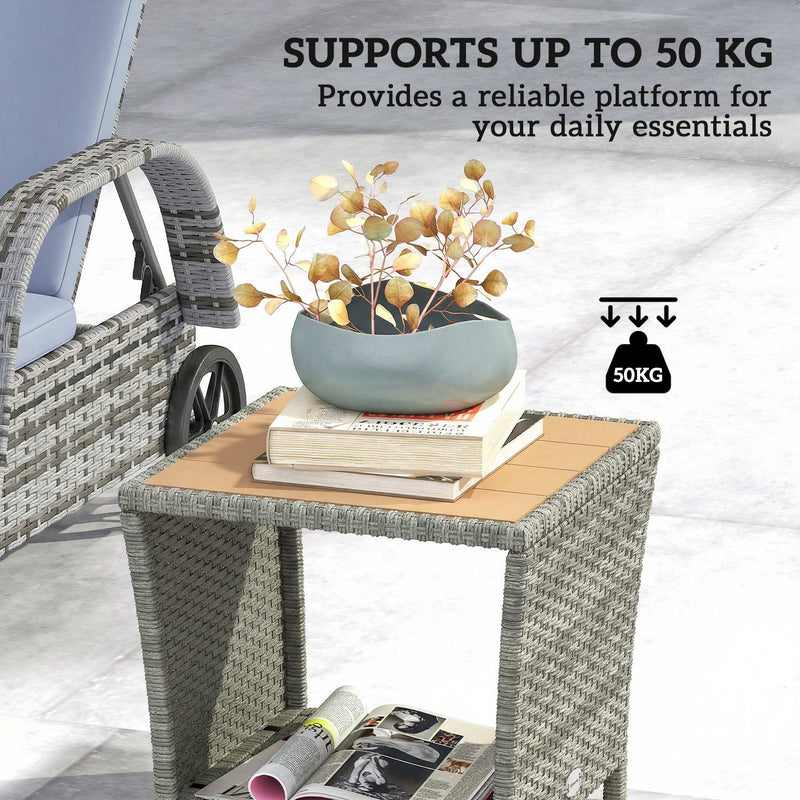 Side Table For Patio with 2-Tier Storage PE Rattan - 45W x 45D x 43H cm Outsunny
