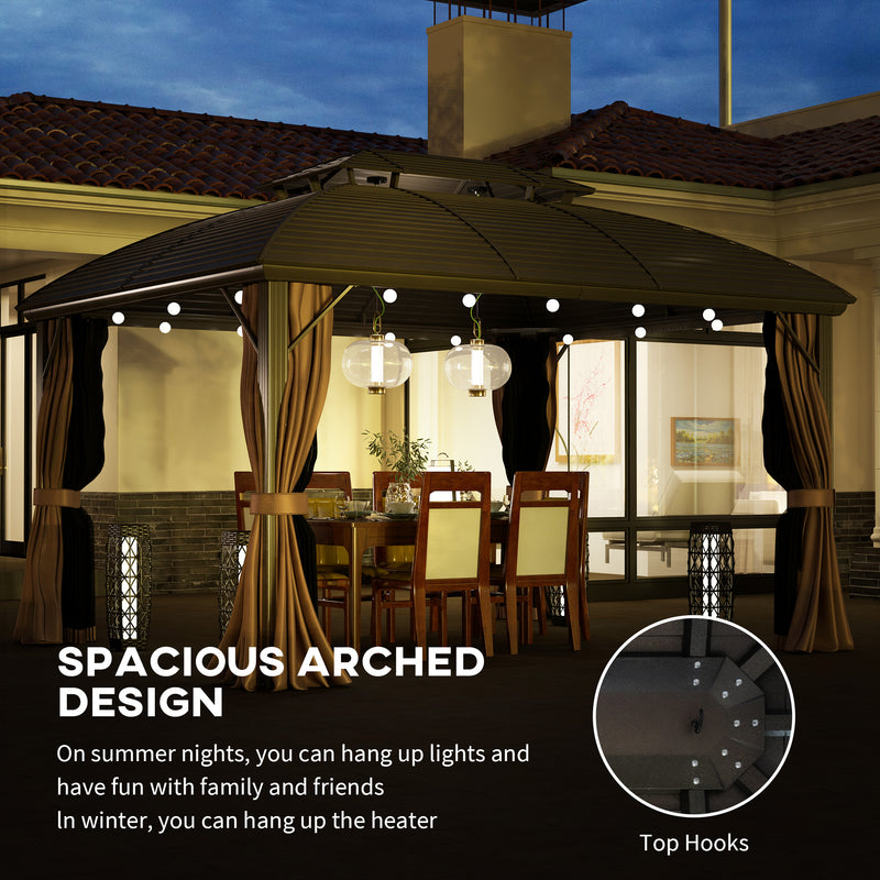 3.65 x 3m Hardtop Steel Gazebo with Aluminium Frame Double Roof Net Sidewalls and Curtains Coffee by Outsunny