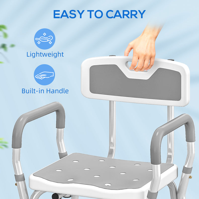 Height Adjustable Shower Chair with Backrest and Armrests for Elderly and Disabled, Light Grey