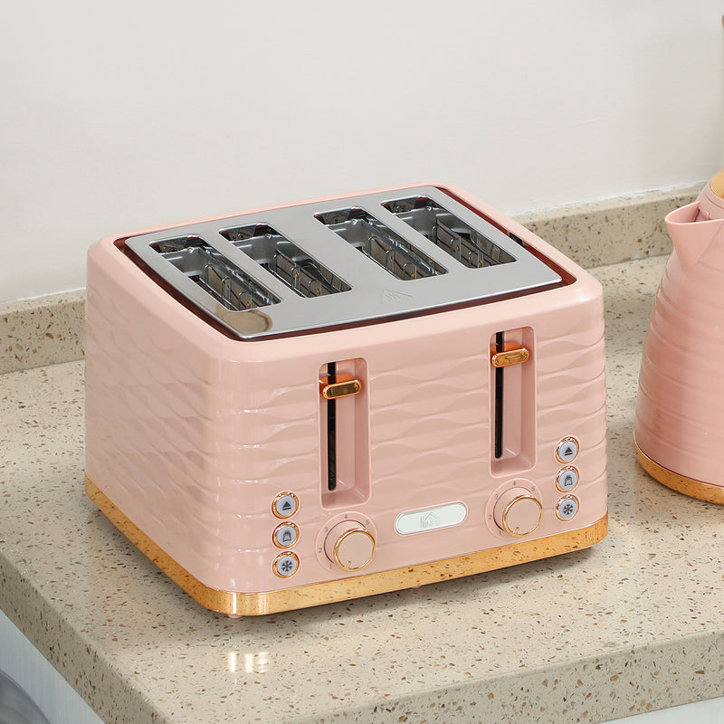 3000W Kettle and 4 Slice Toaster Set with 7 Browning Levels and Crumb Tray, Light Pink