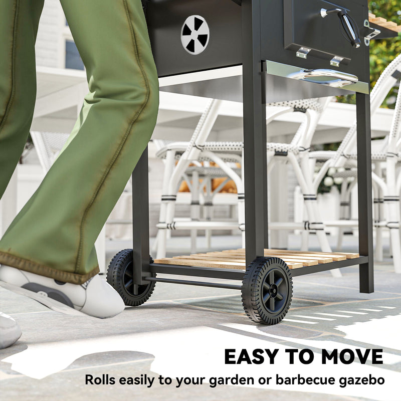 Charcoal BBQ Grill with Adjustable Charcoal Pan Warming Rack Shelves and Wheels by Outsunny