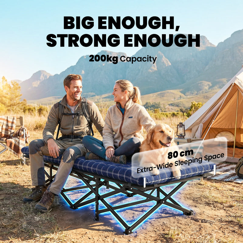 Folding Camping Bed with Extra Wide Surface and Removable Padded Mattress Blue
