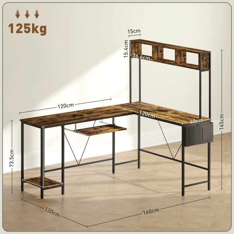 Rustic Brown L Shaped Computer Desk with Power Outlet and Storage for Two Person by HOMCOM