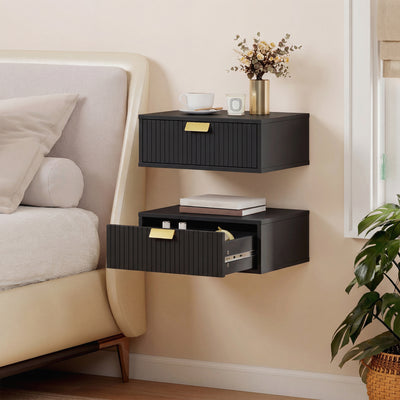 Floating Wall Mounted Bedside Table Set of 2 with Drawer for Clutter Free Bedroom Black AOSOM