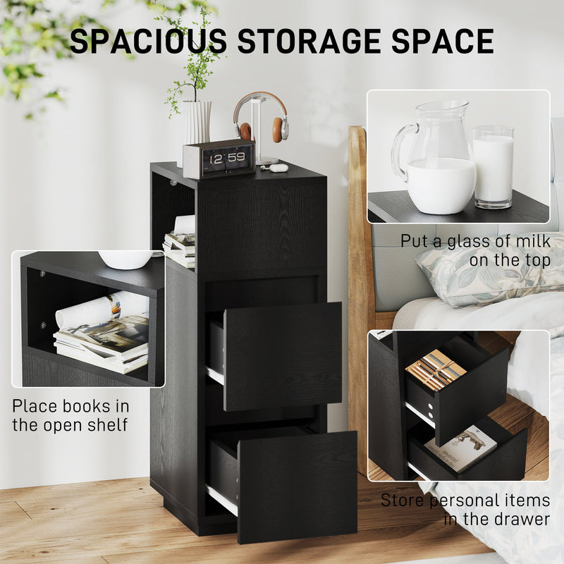 Slim Bedside Table with Drawers and Open Shelf for Small Bedrooms