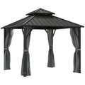 3x3m Metal Roof Garden Gazebo with Privacy Curtains and Mesh Sides for Year Round Shelter, Grey Outsunny