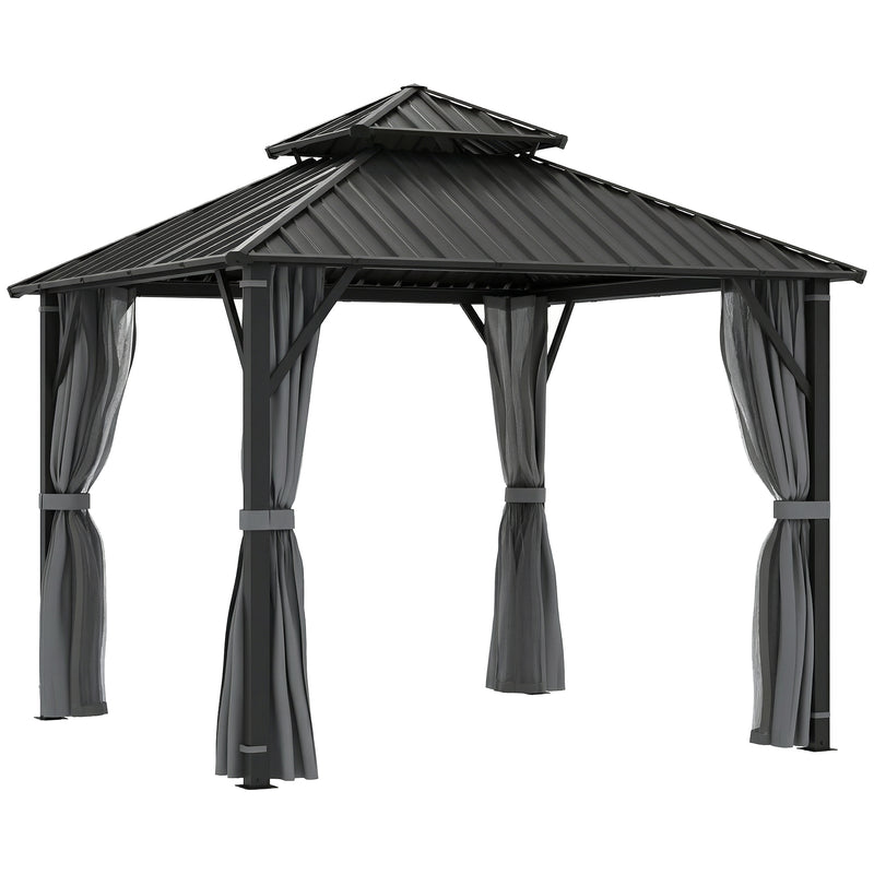 3x3m Metal Roof Garden Gazebo with Privacy Curtains and Mesh Sides for Year Round Shelter Grey