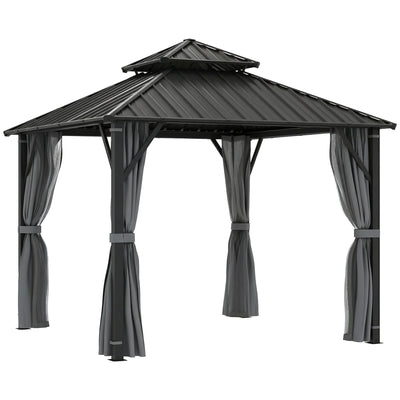3x3m Metal Roof Garden Gazebo with Privacy Curtains and Mesh Sides for Year Round Shelter, Grey Outsunny