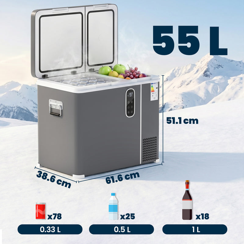 Portable Dual-Zone Fridge Freezer for Camping and Road Trips with Fast Cooling Grey