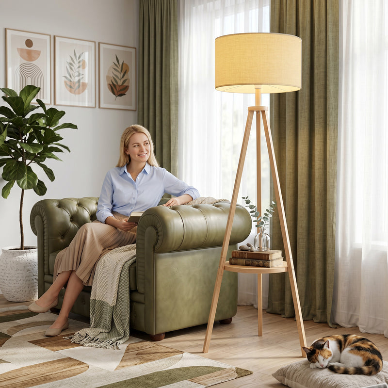 Floor Lamp with Shelf for Lighting and Storage Natural Wood