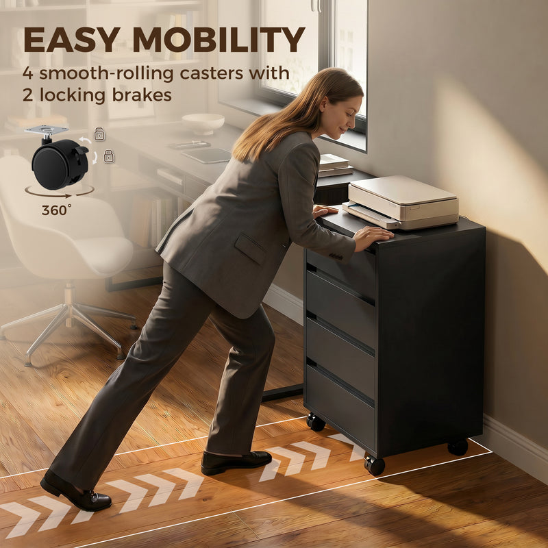 Office Storage Cabinet with 4 Drawers and Lockable Wheels for Tidy Desks Black