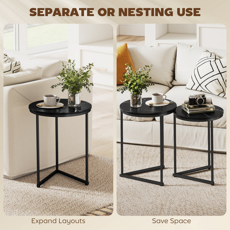 Round Coffee Tables, Nesting Tables Set For Living Room - Black Marble Effect Tops Space Saving Design