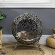 Rattan Elevated Cat Bed House with Removable Cushion Ideal for Kittens Silver Tone, Grey