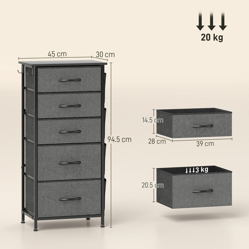 Tall Chest of 5 Fabric Storage Drawers for Bedroom or Hallway Organising, Charcoal Grey