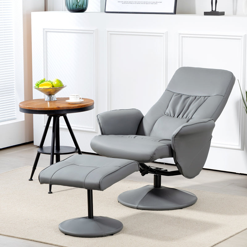 Swivel Recliner Chair with Footstool High Back PU Leather Armchair for Living Room Light Grey