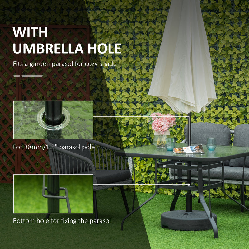 Square Black Garden Dining Table with Parasol Hole and Tempered Glass Top for Patio Use