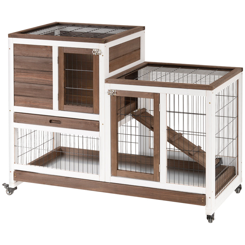 Two Tier Rabbit Hutch with Wheels for Indoor or Outdoor Use Pet Cage, Brown