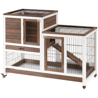 Two Tier Rabbit Hutch with Wheels for Indoor or Outdoor Use Pet Cage, Brown