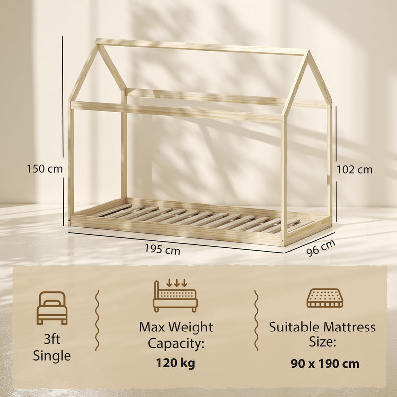 Kids Wooden House Bed Frame for Cosy and Fun Bedtime Single Size Natural Wood Finish