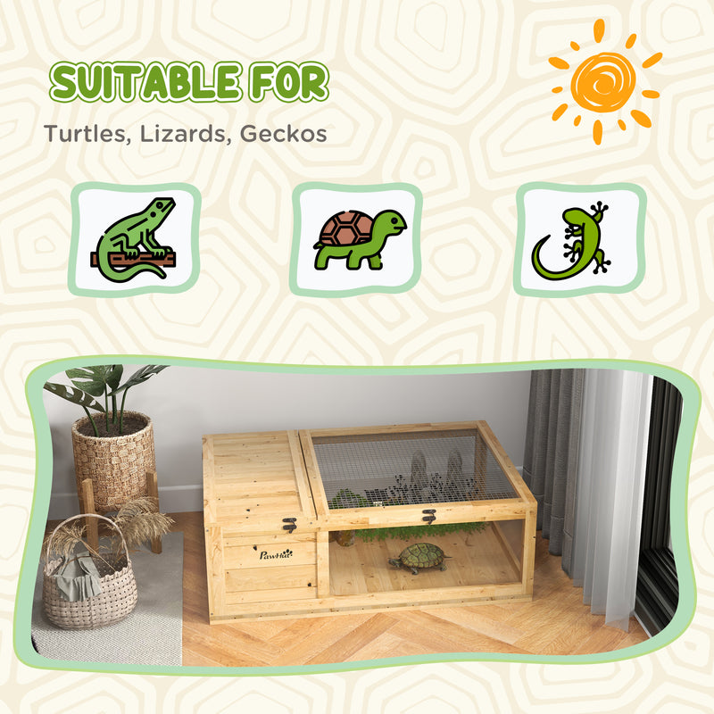 Wooden Tortoise and Reptile House with Mesh Roof Ideal for Outdoor Use, Natural Finish