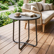 Round Metal Garden Side Table with Adjustable Feet for Stable Drinks and Snacks, Dark Grey Outsunny