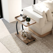 Industrial 2 Tier Mobile C Shaped Side Table with Wheels and Storage Shelf