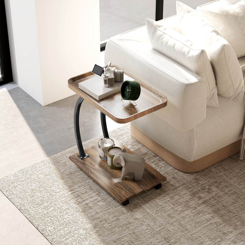 Industrial 2 Tier Mobile C Shaped Side Table with Wheels and Storage Shelf