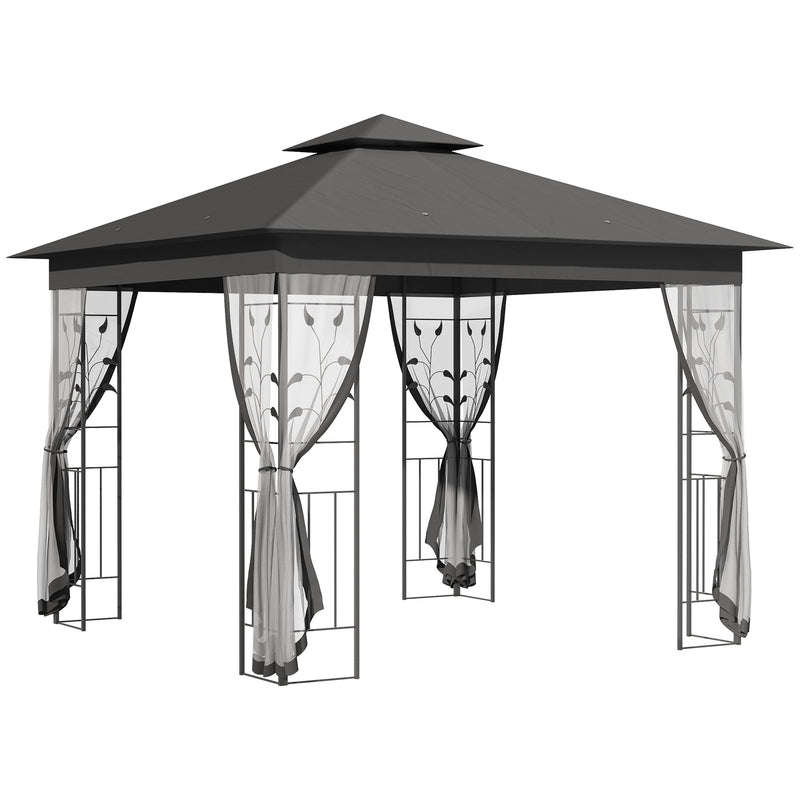 Grey 3 x 3m Steel Frame Garden Gazebo with Drapes, Double Roof for Outdoor Shade