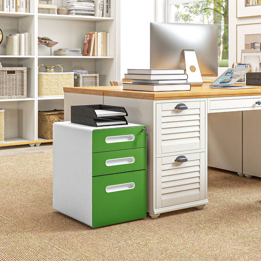 3 Drawer Steel Filing Cabinet with Lock and Wheels for A4 Legal Files, Green