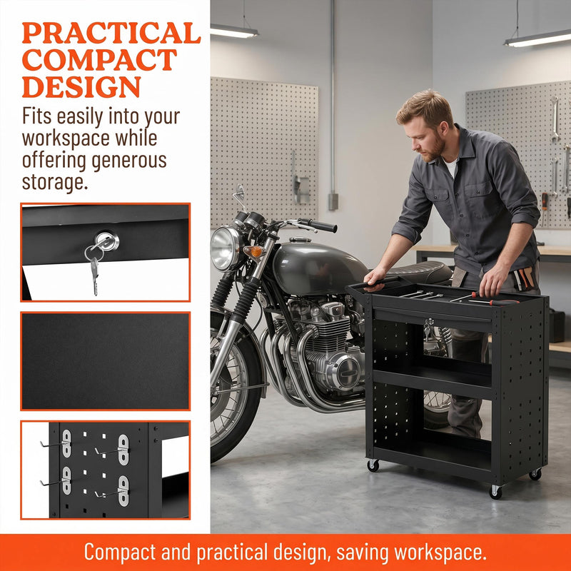 Tool Trolley with Lockable Drawer and Pegboards for Organised Workshop Storage Black