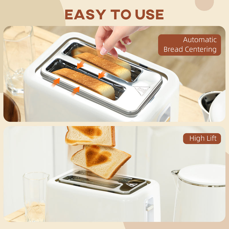 White 1.5L 3000W Rapid Boil Kettle and 2 Slice Toaster Set with 7 Browning Levels by HOMCOM