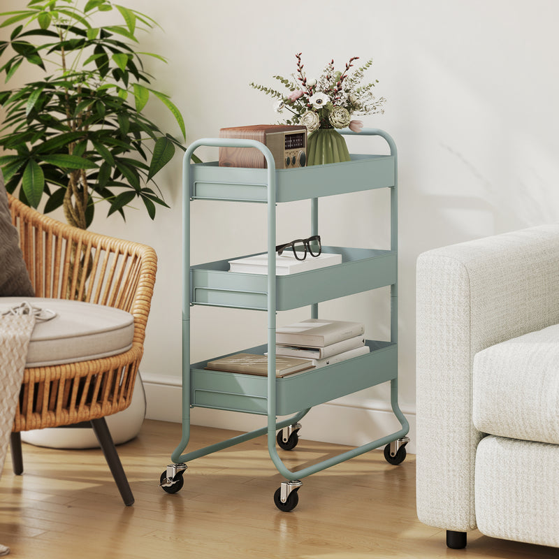 3 Tier Rolling Storage Trolley With Mesh Baskets For Kitchen Or Bathroom Use Light Green