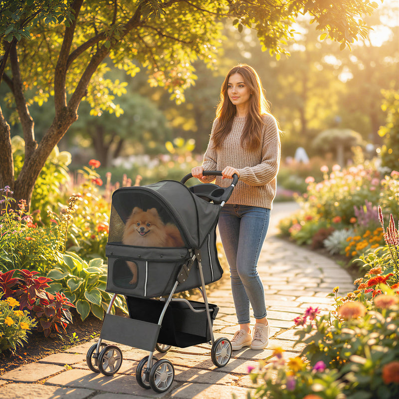 Foldable Pet Stroller With 360 Swivel Wheels And Reflective Strips For Dogs And Cats Dark Grey