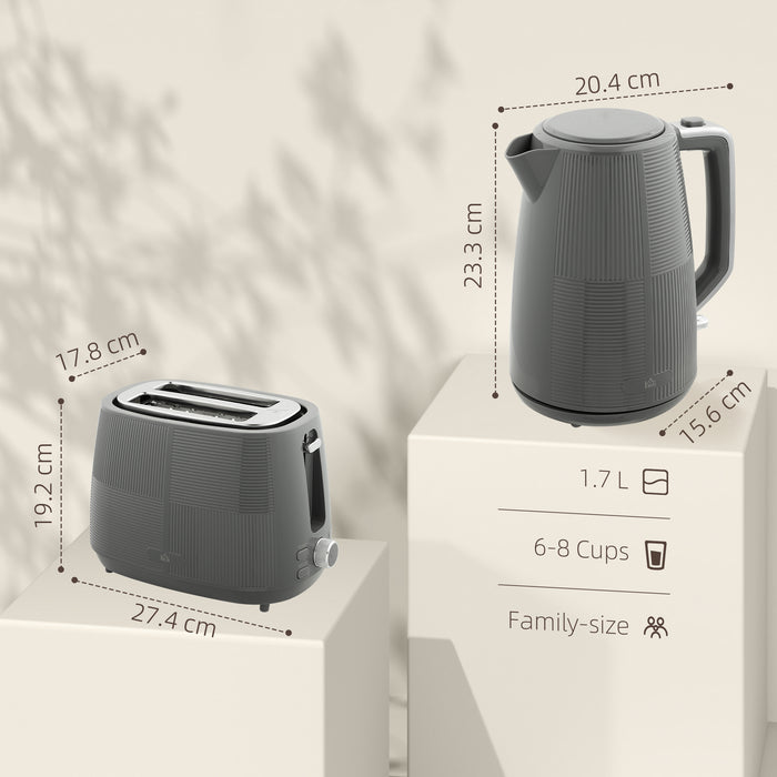 Grey 1.7L 3000W Fast Boil Cordless Kettle and 2 Slice Toaster Set with 7 Browning Levels by HOMCOM