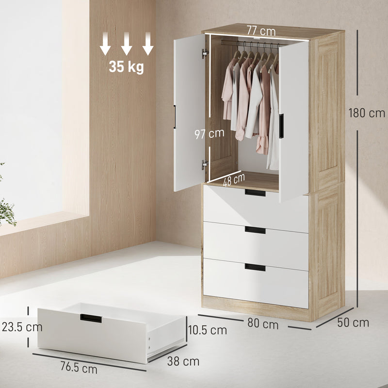 Double Wardrobe with Drawers for Small Bedrooms Slim Storage Oak and White