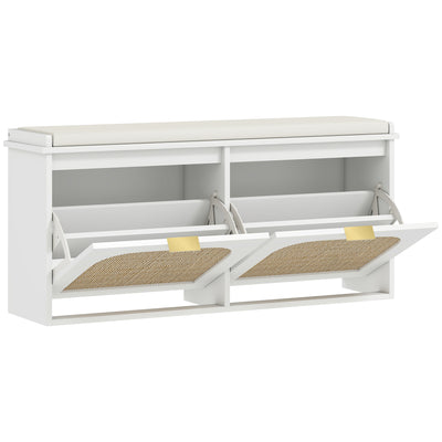 Boho Shoe Storage Bench with Cushioned Seat and Two Flip Drawers for Hallway, White