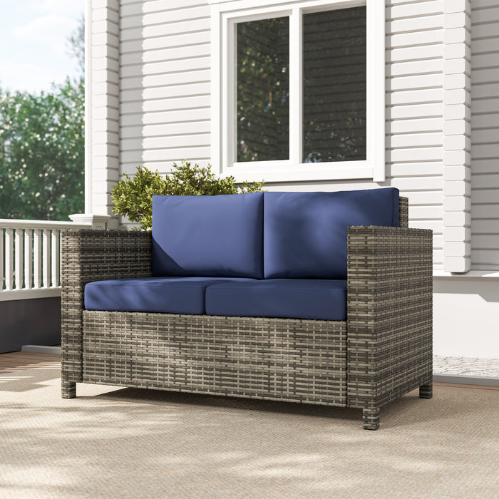 2 Seater Rattan Garden Sofa with Armrests and Cushions Navy Blue by Outsunny