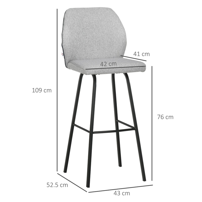 Set of 4 Upholstered Bar Stools with Backs Steel Legs for Kitchen or Dining Room Light Grey AOSOM