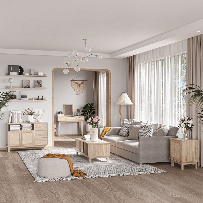 Set of 2 Bedside Tables with Storage Cupboards and Rattan Panels for Bedroom Natural AOSOM