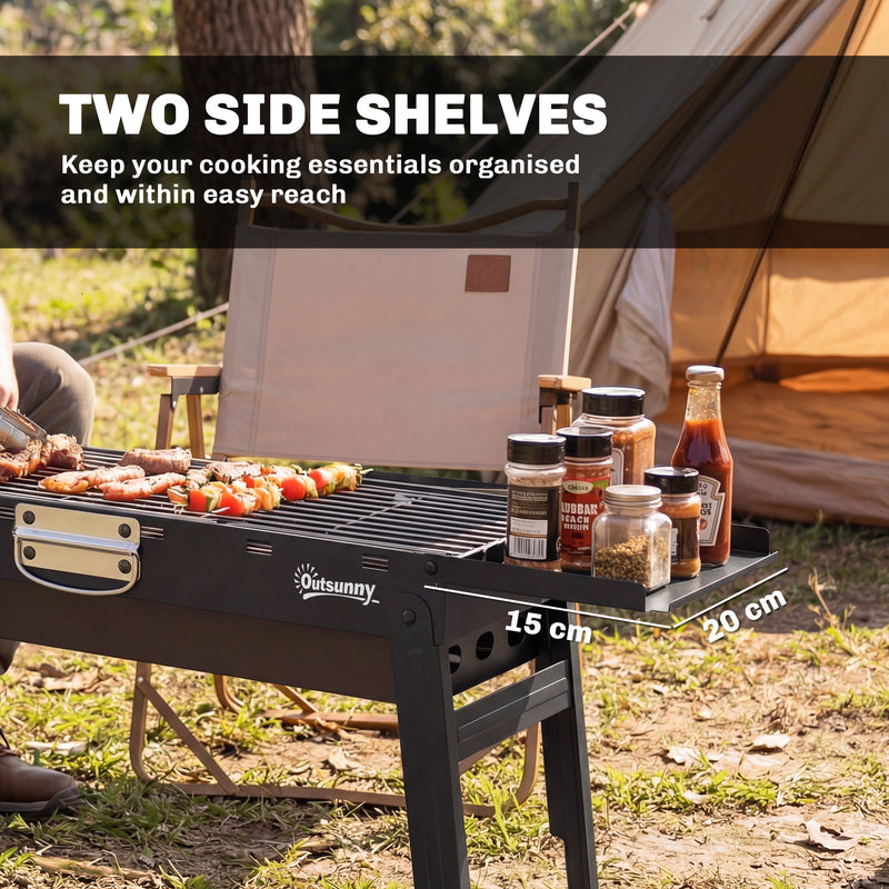 Portable Folding Charcoal Barbecue Grill for Easy Outdoor Cooking with Side Shelves Black Outsunny