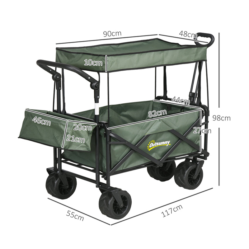 Green Folding Garden Trolley Cart With Canopy And Handle For Camping Or Beach Use