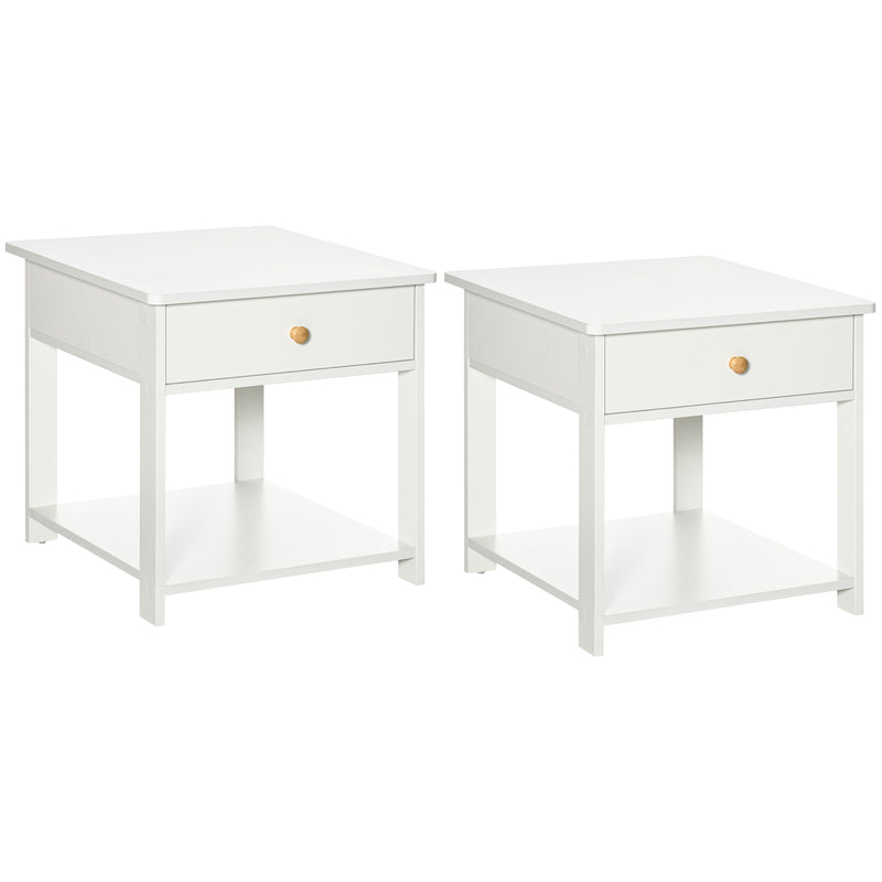 Set of 2 Bedside Tables with Drawer and Storage Shelf for Bedroom or Lounge White AOSOM