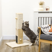 Tall Jute Cat Scratching Post With Carpet Base And Hanging Toy For Indoor Play Beige