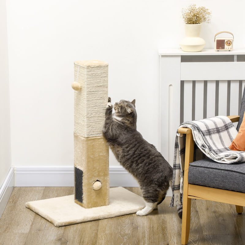 Tall Jute Cat Scratching Post With Carpet Base And Hanging Toy For Indoor Play Beige