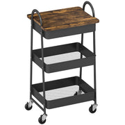 3 Tier Rolling Kitchen Storage Trolley With Top Board For Easy Organisation, Rustic Brown and Black